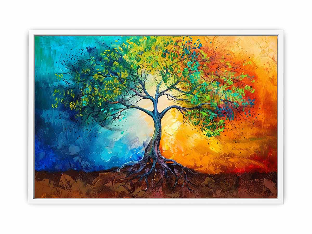 Vibrant tree with exposed roots across blue and orange abstract color fields for modern living rooms decor.