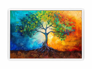 Vibrant tree with exposed roots across blue and orange abstract color fields for modern living rooms decor.