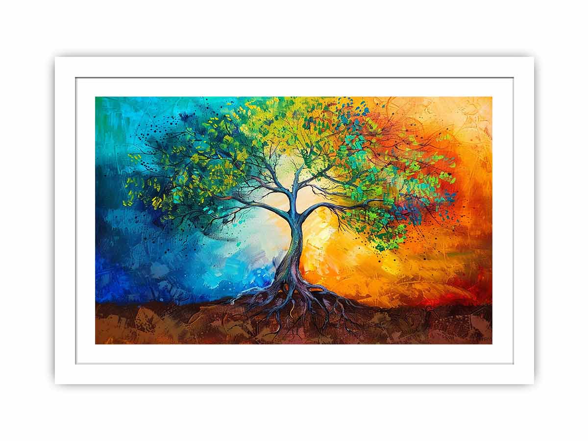 Vibrant tree with exposed roots across blue and orange abstract color fields for modern living rooms decor.
