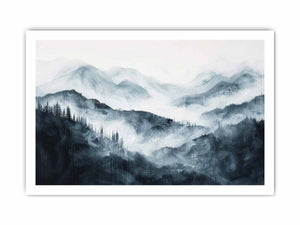 Soft blue gray mountain landscape with layered forest mist for modern bedrooms decor.