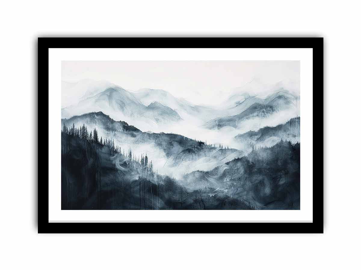 Soft blue gray mountain landscape with layered forest mist for modern bedrooms decor.