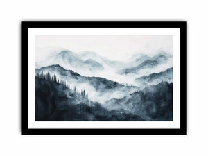 Soft blue gray mountain landscape with layered forest mist for modern bedrooms decor.