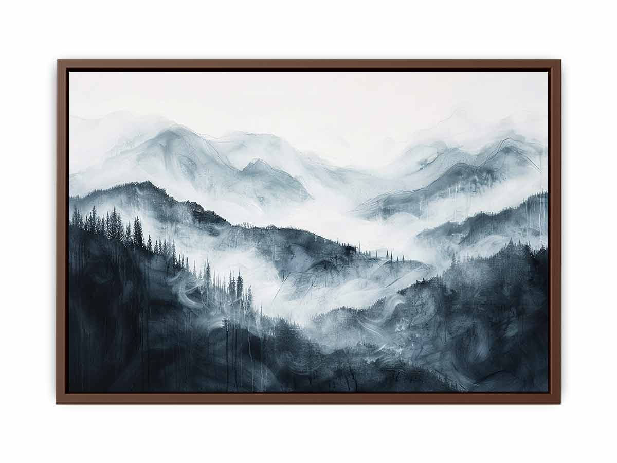 Soft blue gray mountain landscape with layered forest mist for modern bedrooms decor.