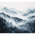 Soft blue gray mountain landscape with layered forest mist for modern bedrooms decor.