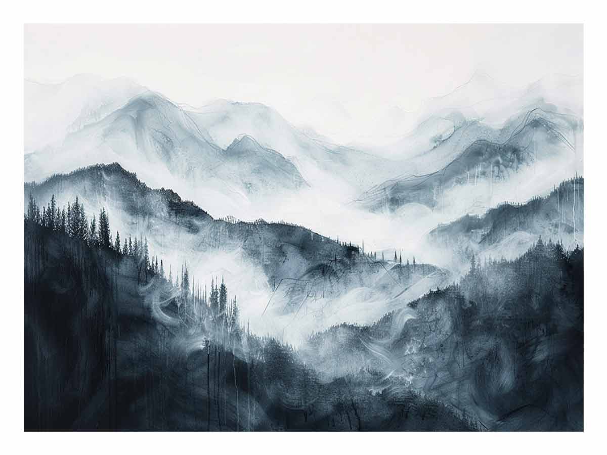 Soft blue gray mountain landscape with layered forest mist for modern bedrooms decor.