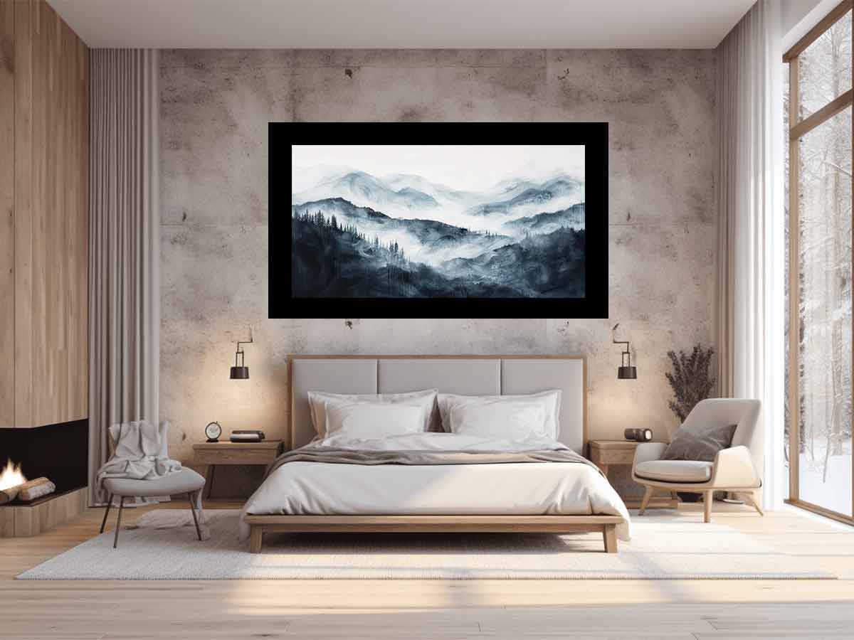 Soft blue gray mountain landscape with layered forest mist for modern bedrooms decor.