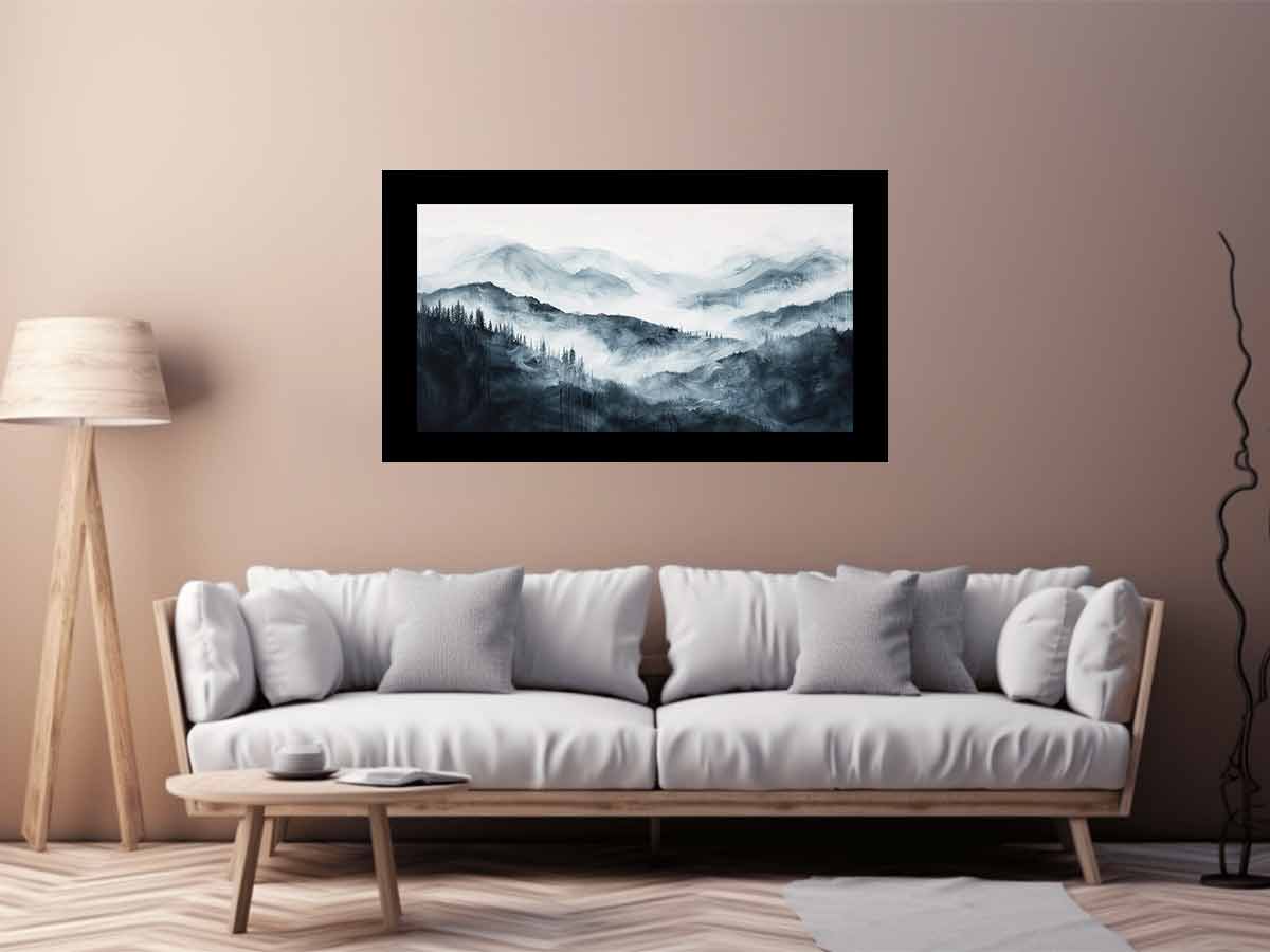 Soft blue gray mountain landscape with layered forest mist for modern bedrooms decor.
