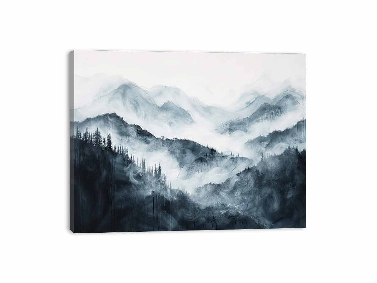 Soft blue gray mountain landscape with layered forest mist for modern bedrooms decor.