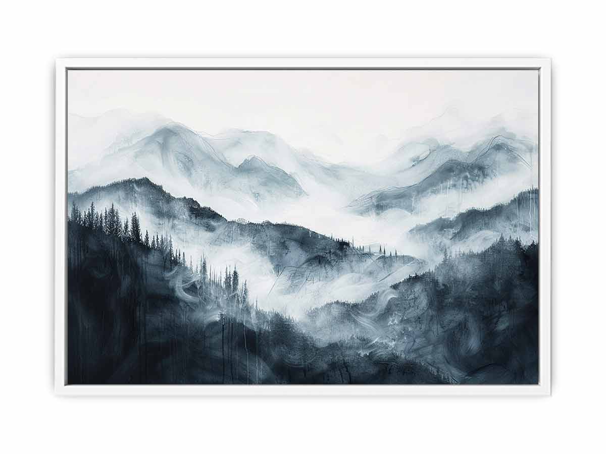 Soft blue gray mountain landscape with layered forest mist for modern bedrooms decor.
