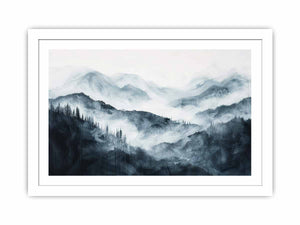 Soft blue gray mountain landscape with layered forest mist for modern bedrooms decor.