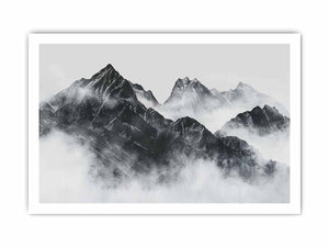 Black and white mountain range rising through soft atmospheric mist for modern living rooms decor.