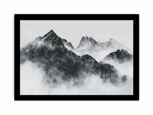 Black and white mountain range rising through soft atmospheric mist for modern living rooms decor.