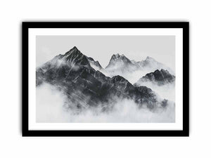 Black and white mountain range rising through soft atmospheric mist for modern living rooms decor.