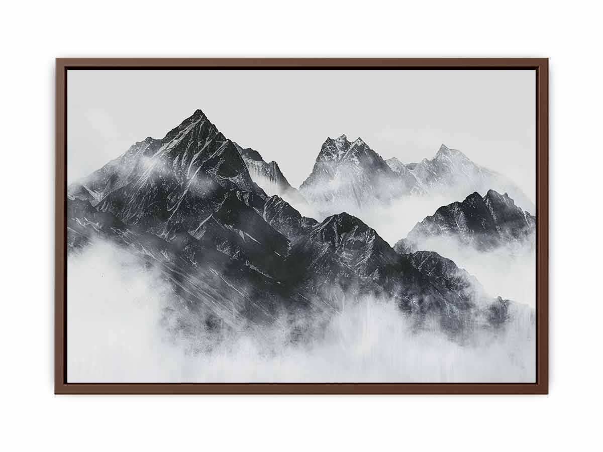 Black and white mountain range rising through soft atmospheric mist for modern living rooms decor.