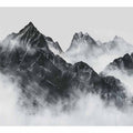 Black and white mountain range rising through soft atmospheric mist for modern living rooms decor.