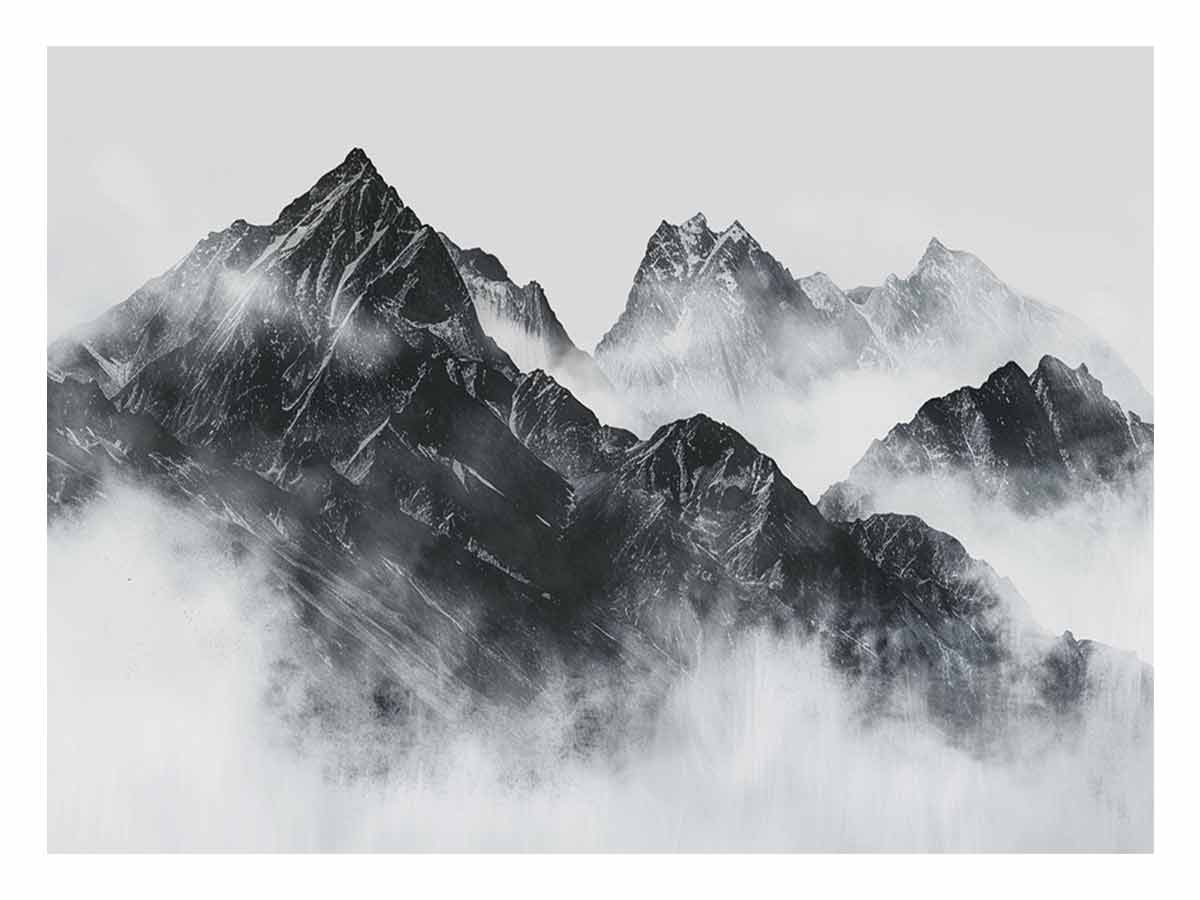 Black and white mountain range rising through soft atmospheric mist for modern living rooms decor.