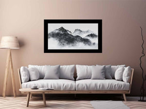 Black and white mountain range rising through soft atmospheric mist for modern living rooms decor.
