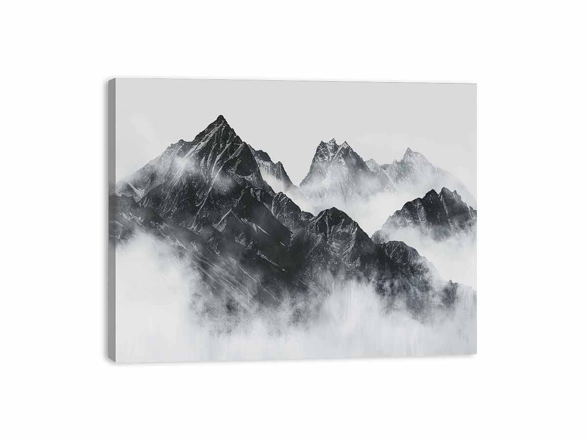 Black and white mountain range rising through soft atmospheric mist for modern living rooms decor.