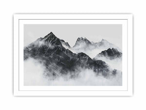 Black and white mountain range rising through soft atmospheric mist for modern living rooms decor.