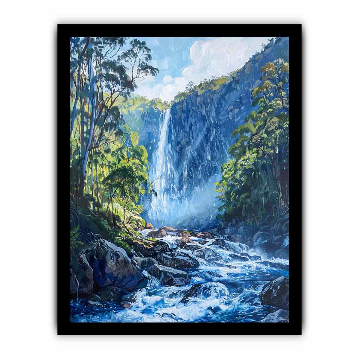 Lush forest waterfall flowing through rocky blue mountain stream for modern living rooms decor.