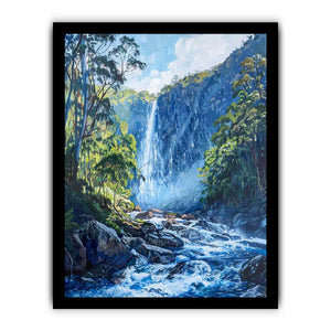 Lush forest waterfall flowing through rocky blue mountain stream for modern living rooms decor.