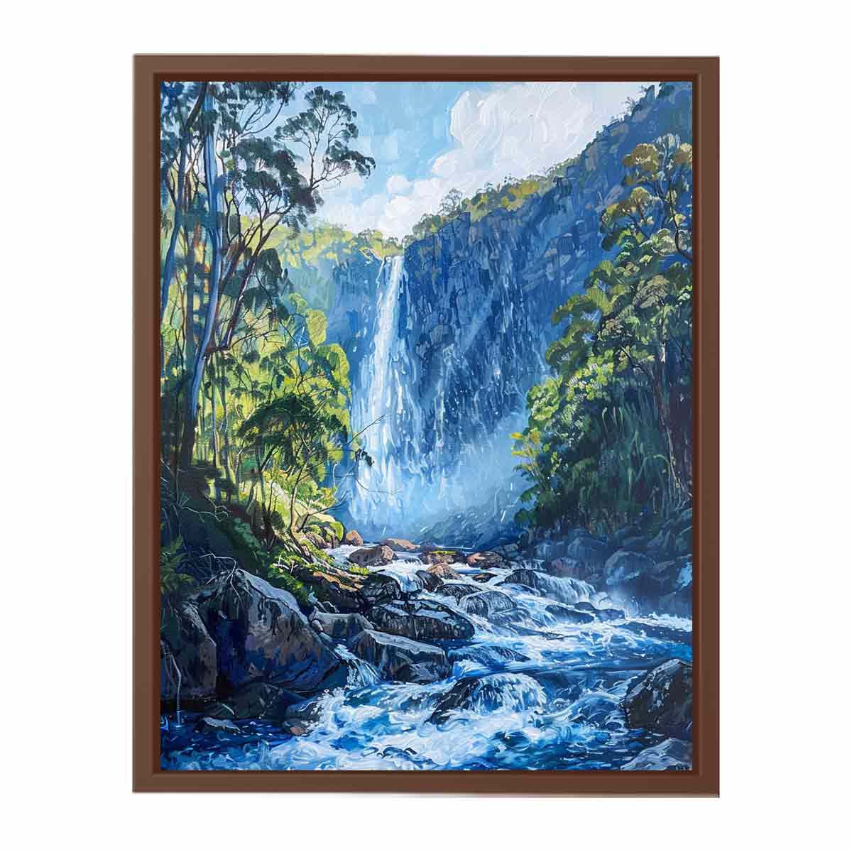 Lush forest waterfall flowing through rocky blue mountain stream for modern living rooms decor.