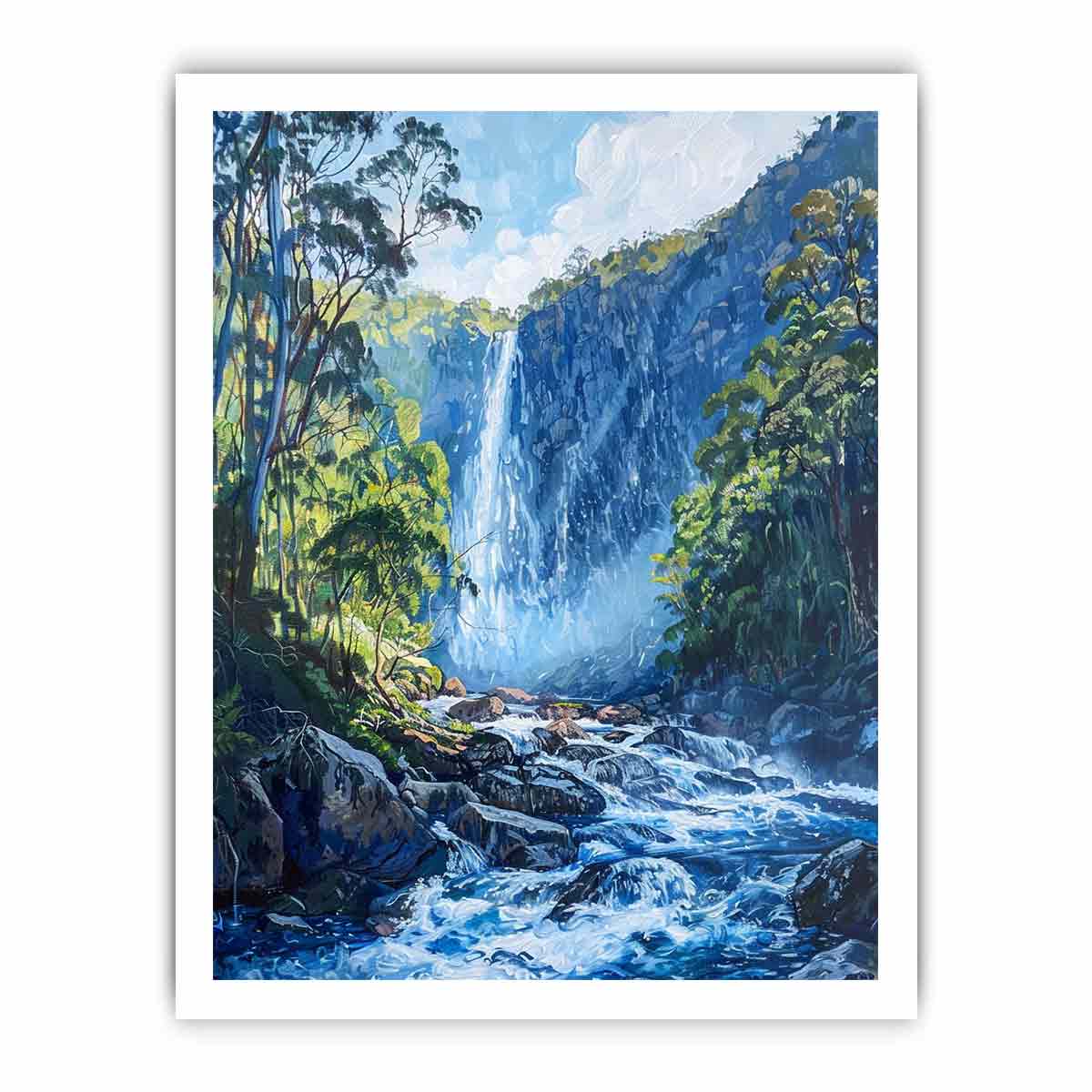 Lush forest waterfall flowing through rocky blue mountain stream for modern living rooms decor.
