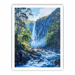 Lush forest waterfall flowing through rocky blue mountain stream for modern living rooms decor.