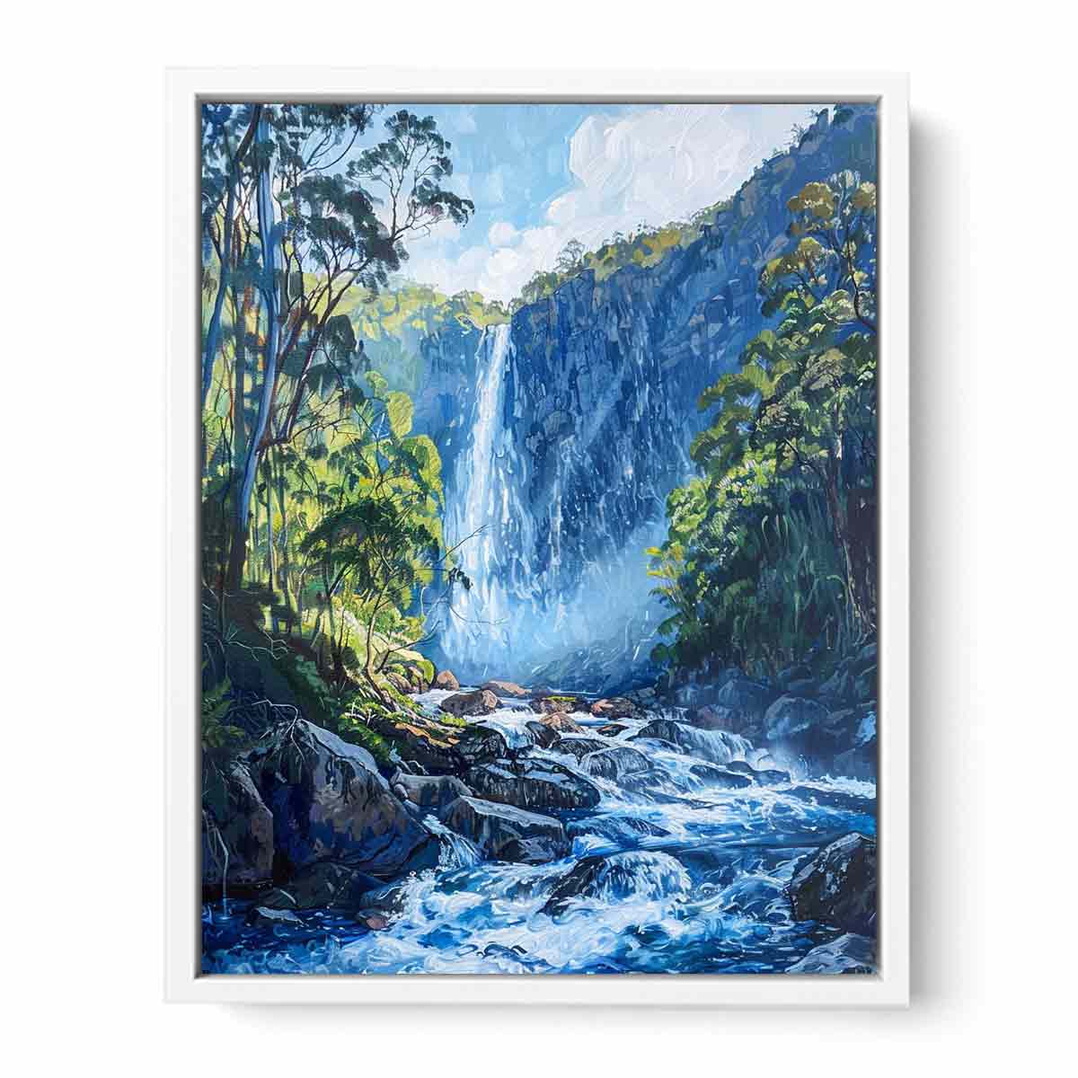 Lush forest waterfall flowing through rocky blue mountain stream for modern living rooms decor.
