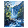 Lush forest waterfall flowing through rocky blue mountain stream for modern living rooms decor.