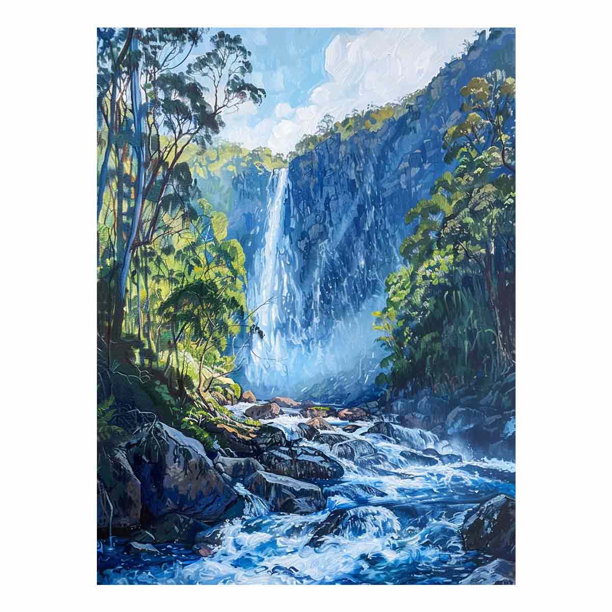 Lush forest waterfall flowing through rocky blue mountain stream for modern living rooms decor.