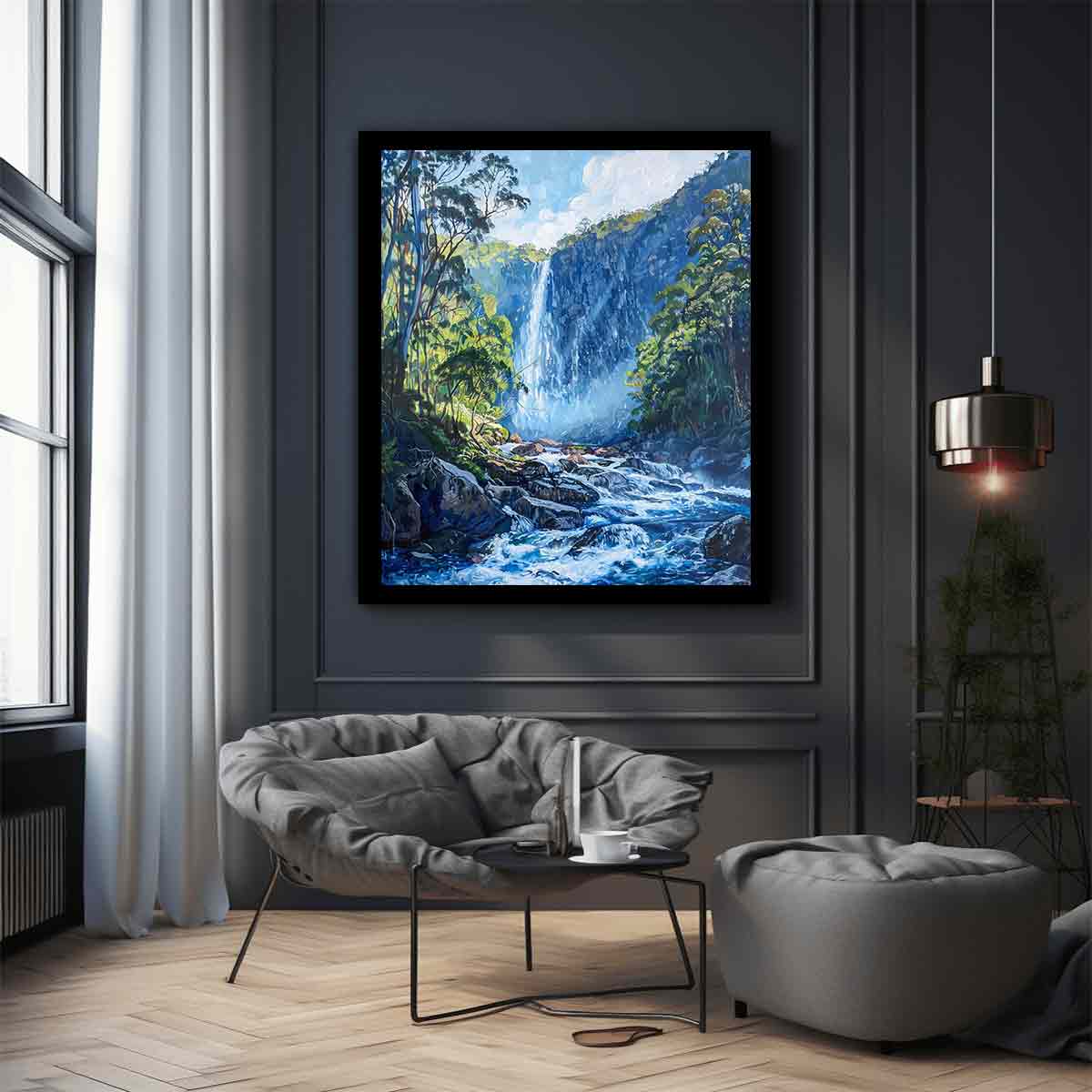 Lush forest waterfall flowing through rocky blue mountain stream for modern living rooms decor.