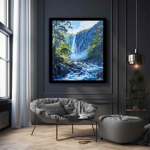 Lush forest waterfall flowing through rocky blue mountain stream for modern living rooms decor.