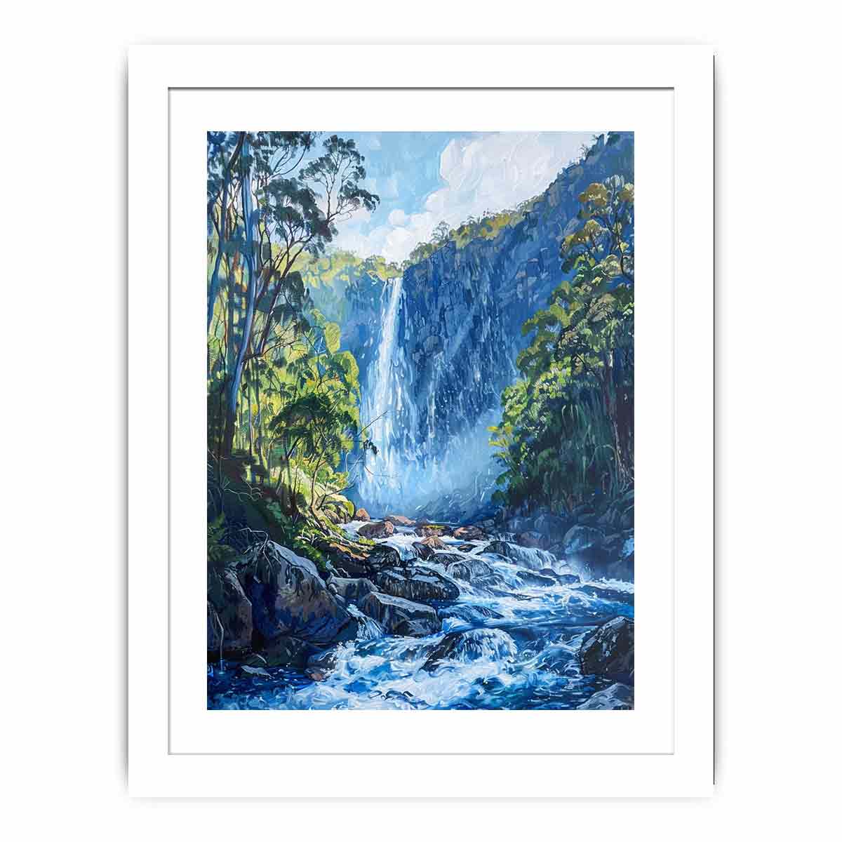 Lush forest waterfall flowing through rocky blue mountain stream for modern living rooms decor.