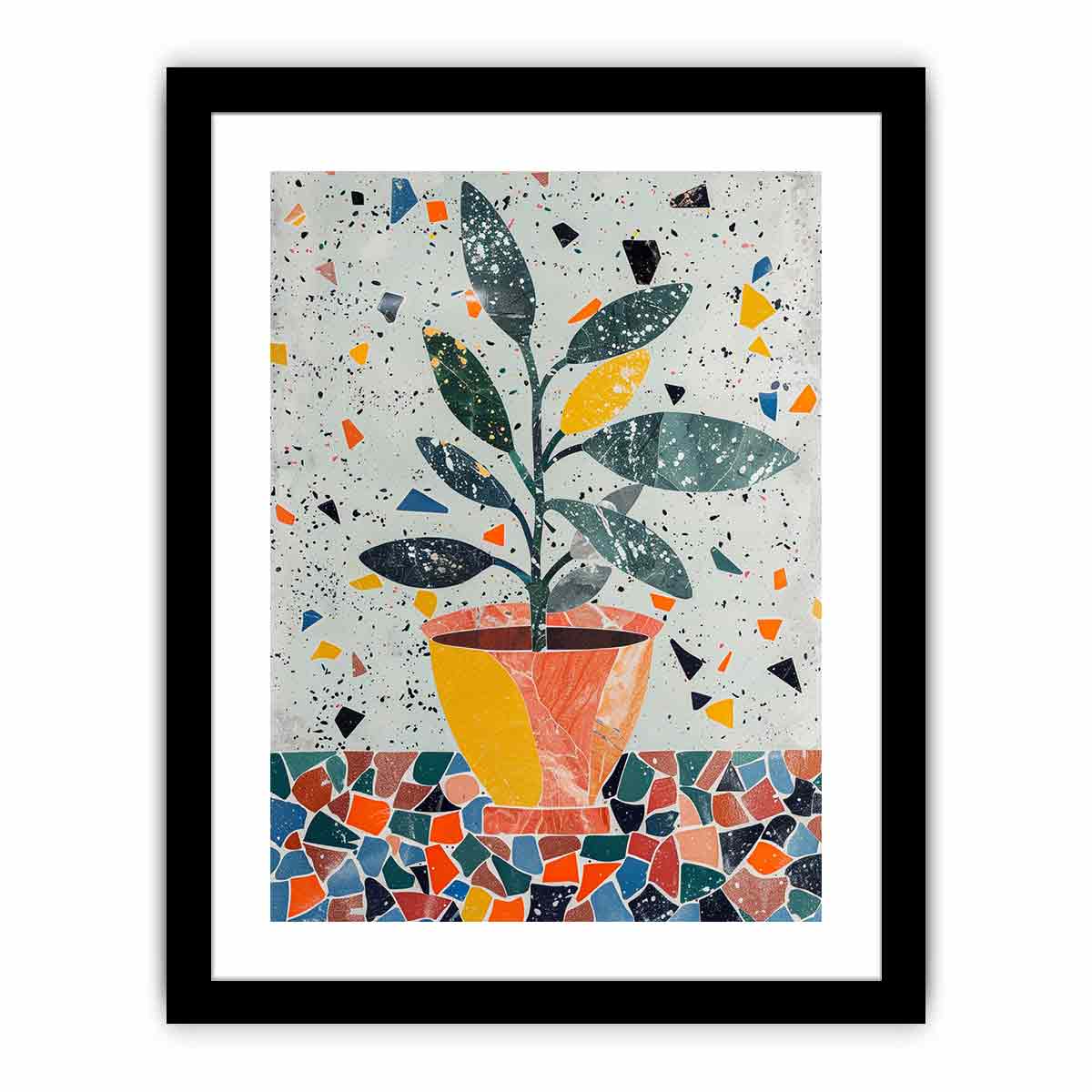 Stylized potted plant surrounded by playful terrazzo shapes for modern kitchens decor.