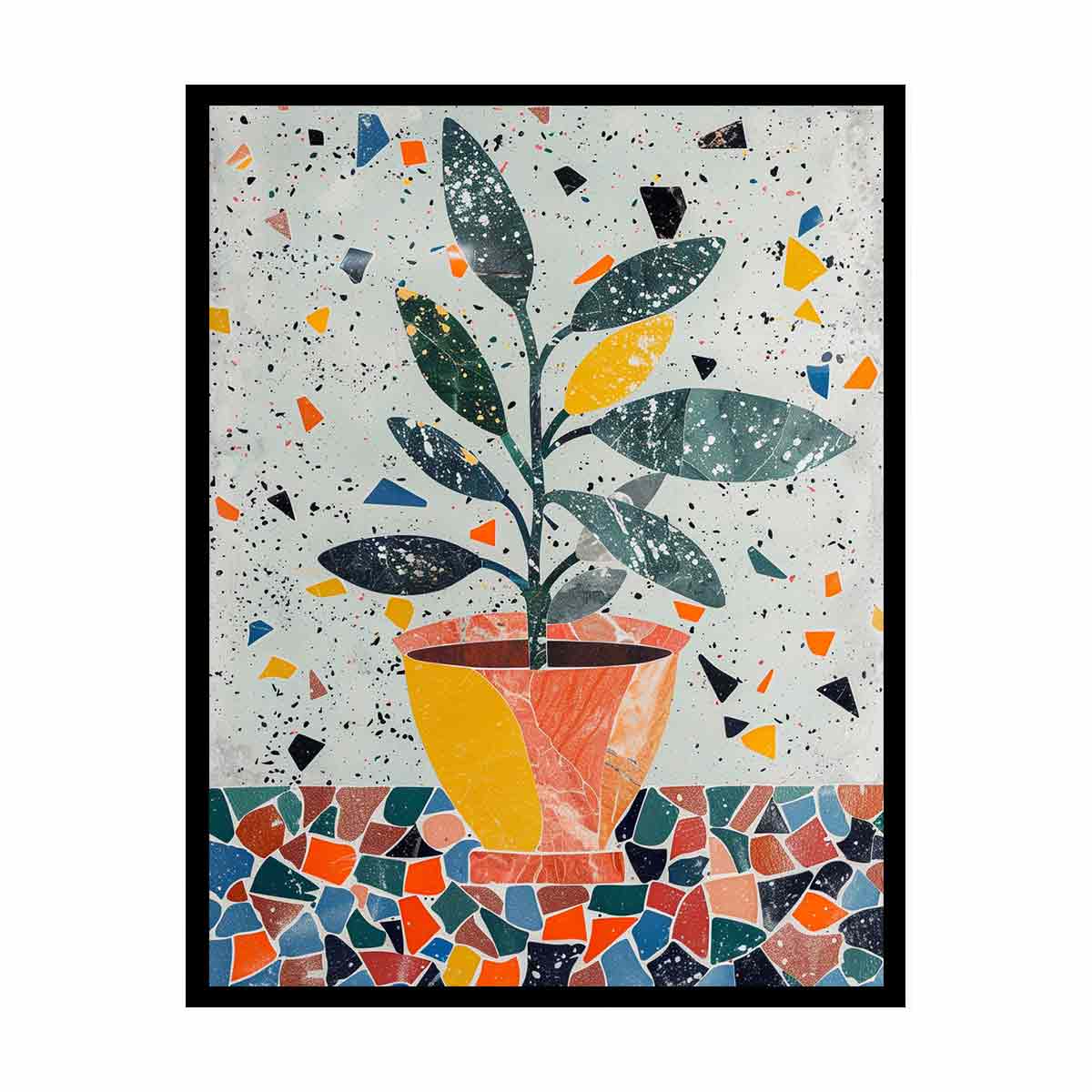 Stylized potted plant surrounded by playful terrazzo shapes for modern kitchens decor.