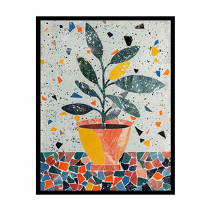 Stylized potted plant surrounded by playful terrazzo shapes for modern kitchens decor.