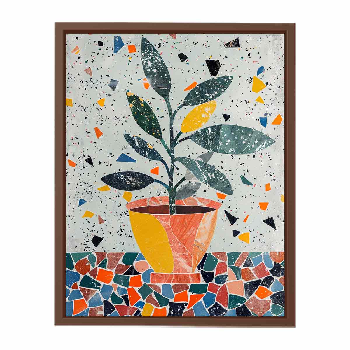 Stylized potted plant surrounded by playful terrazzo shapes for modern kitchens decor.
