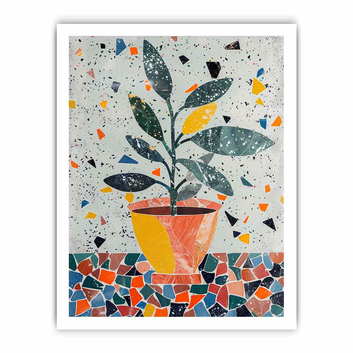 Stylized potted plant surrounded by playful terrazzo shapes for modern kitchens decor.