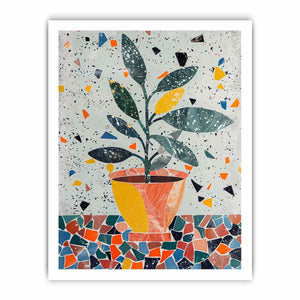 Stylized potted plant surrounded by playful terrazzo shapes for modern kitchens decor.
