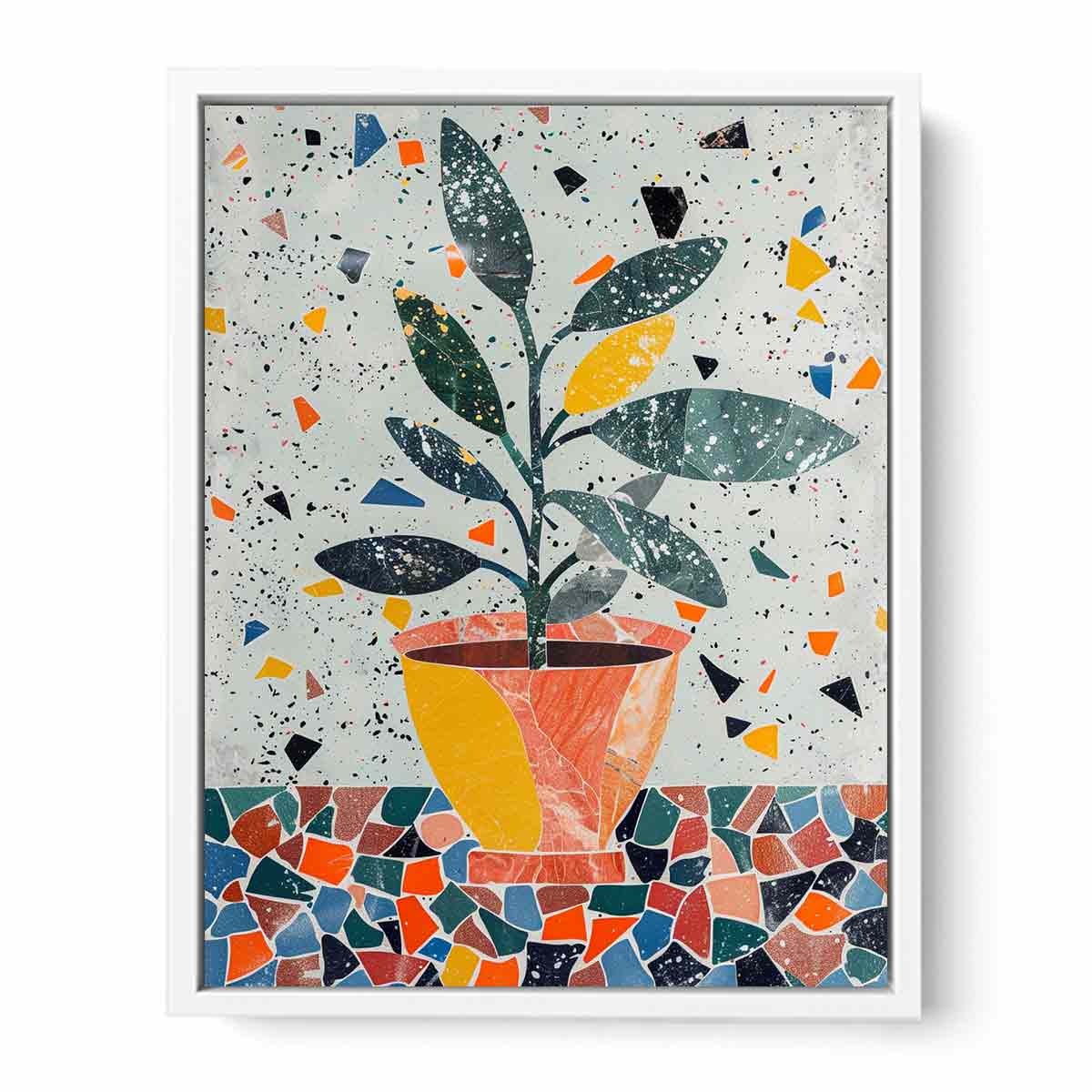 Stylized potted plant surrounded by playful terrazzo shapes for modern kitchens decor.