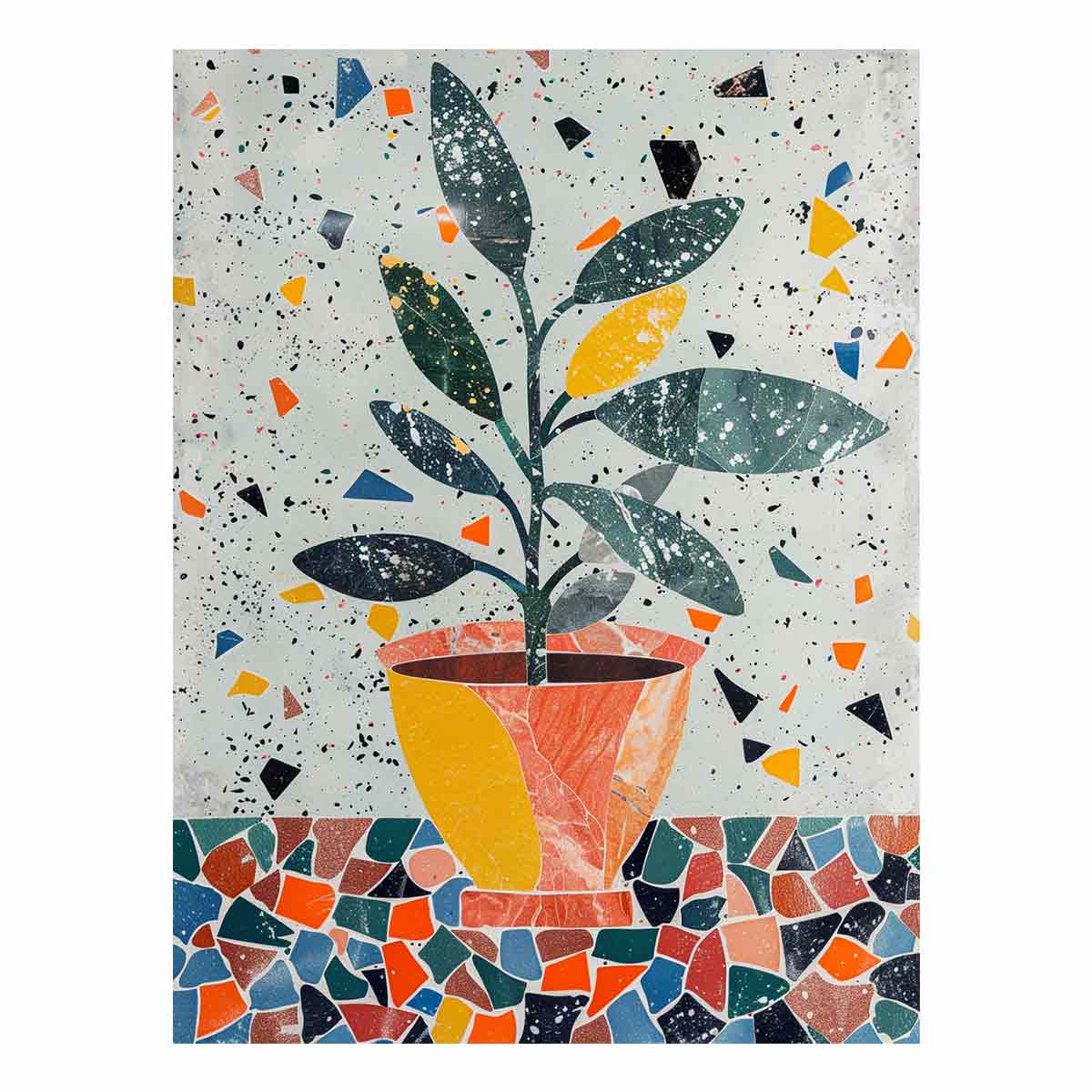Stylized potted plant surrounded by playful terrazzo shapes for modern kitchens decor.