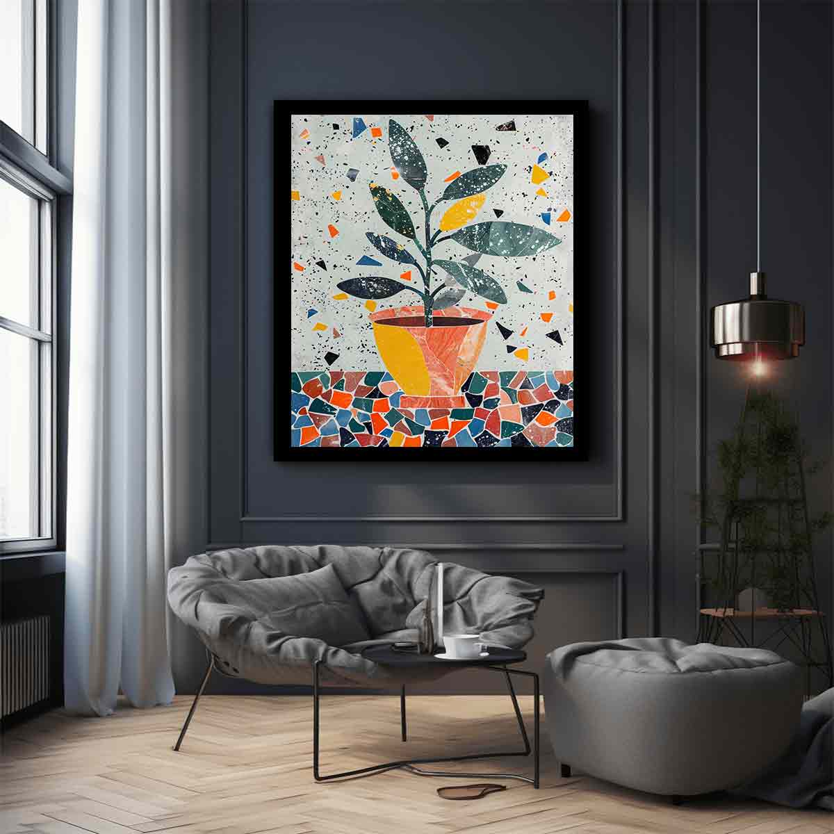 Stylized potted plant surrounded by playful terrazzo shapes for modern kitchens decor.
