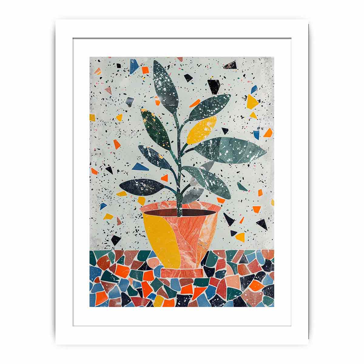 Stylized potted plant surrounded by playful terrazzo shapes for modern kitchens decor.