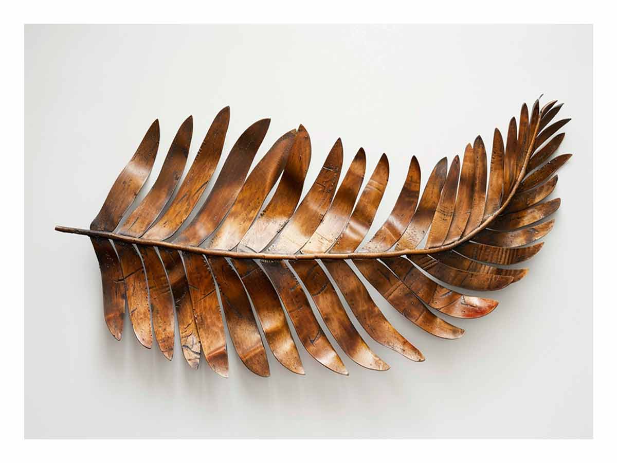 Metallic bronze palm leaf sculpture on a clean white background for modern living rooms decor.