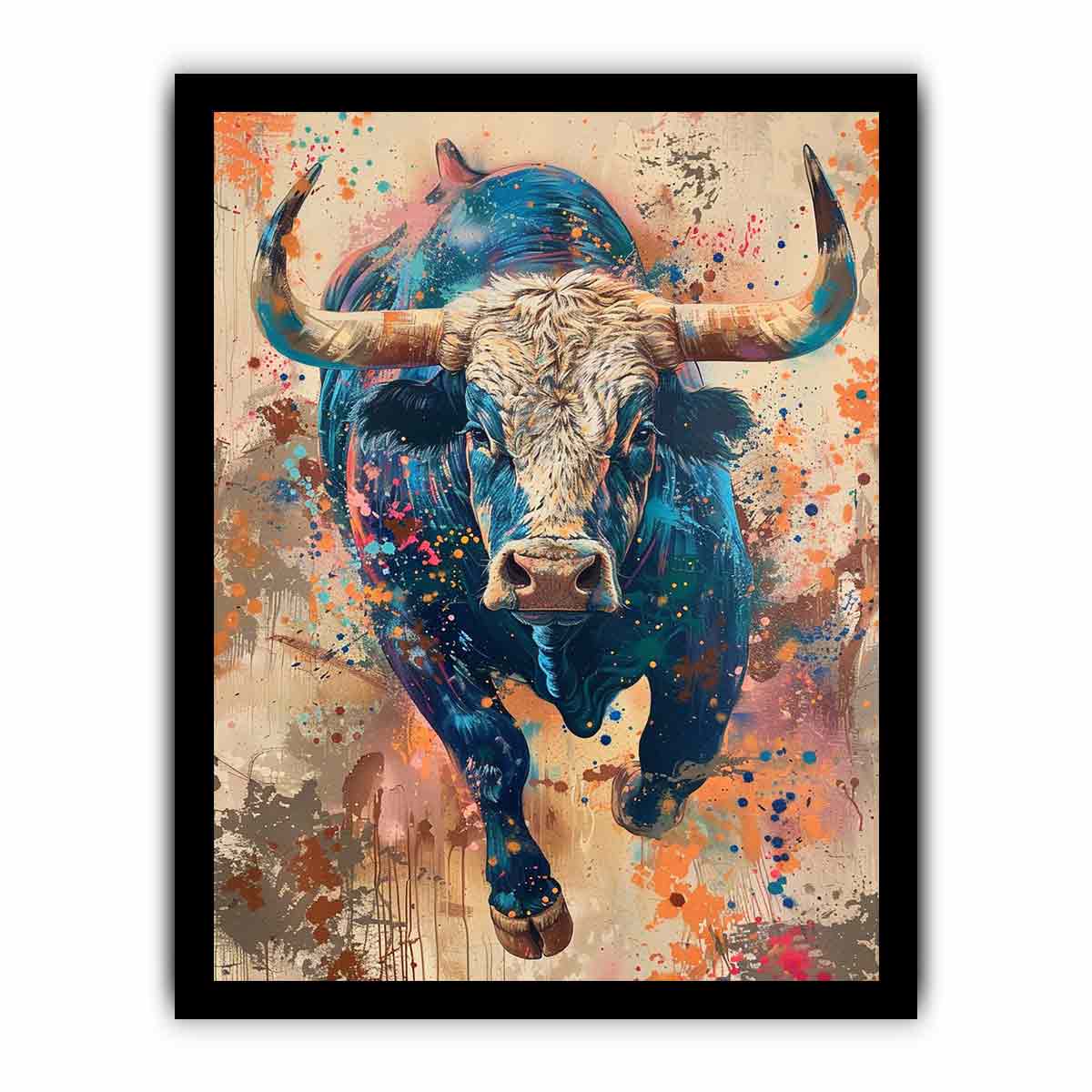 Colorful charging bull portrait with expressive paint splashes for modern offices decor.