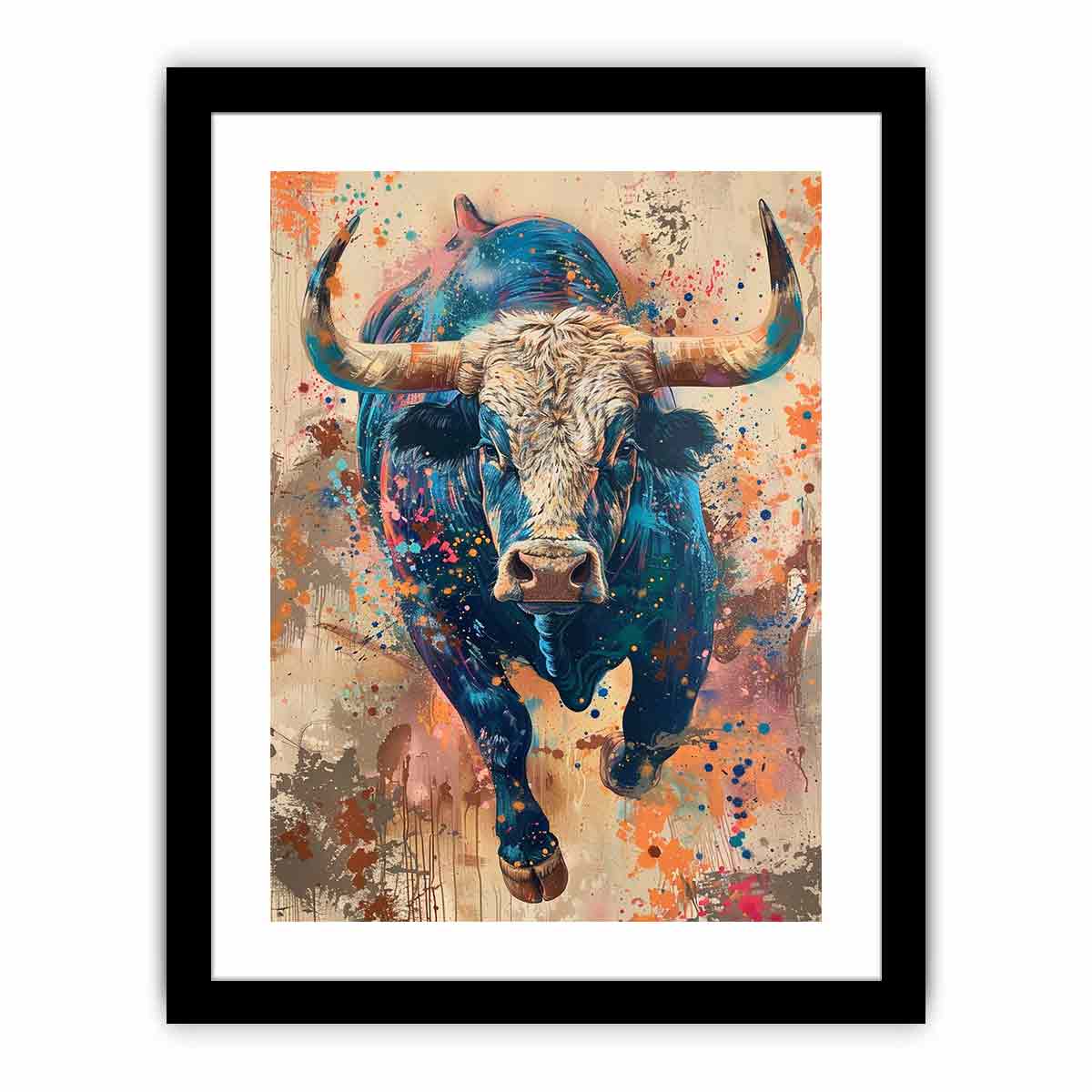 Colorful charging bull portrait with expressive paint splashes for modern offices decor.