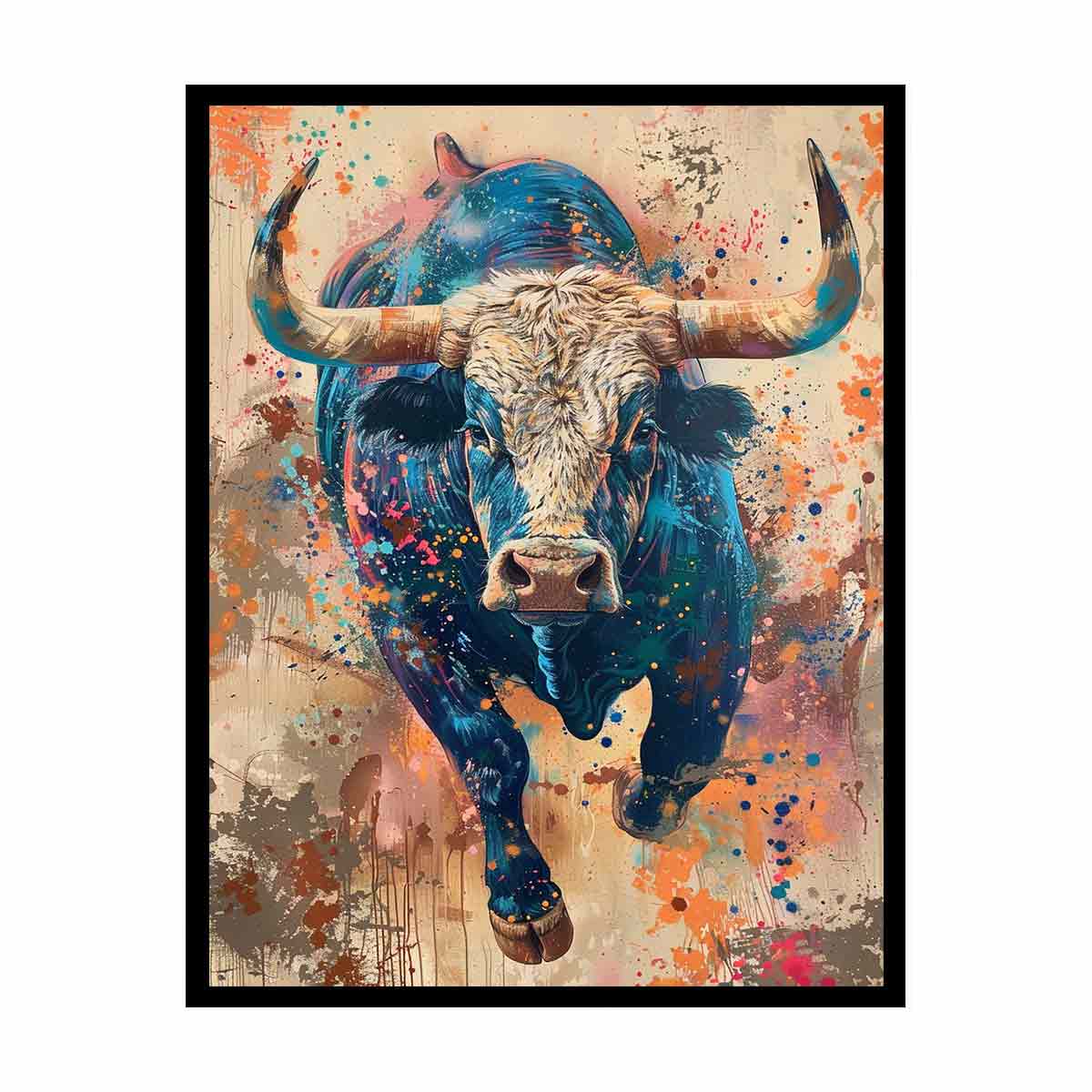 Colorful charging bull portrait with expressive paint splashes for modern offices decor.