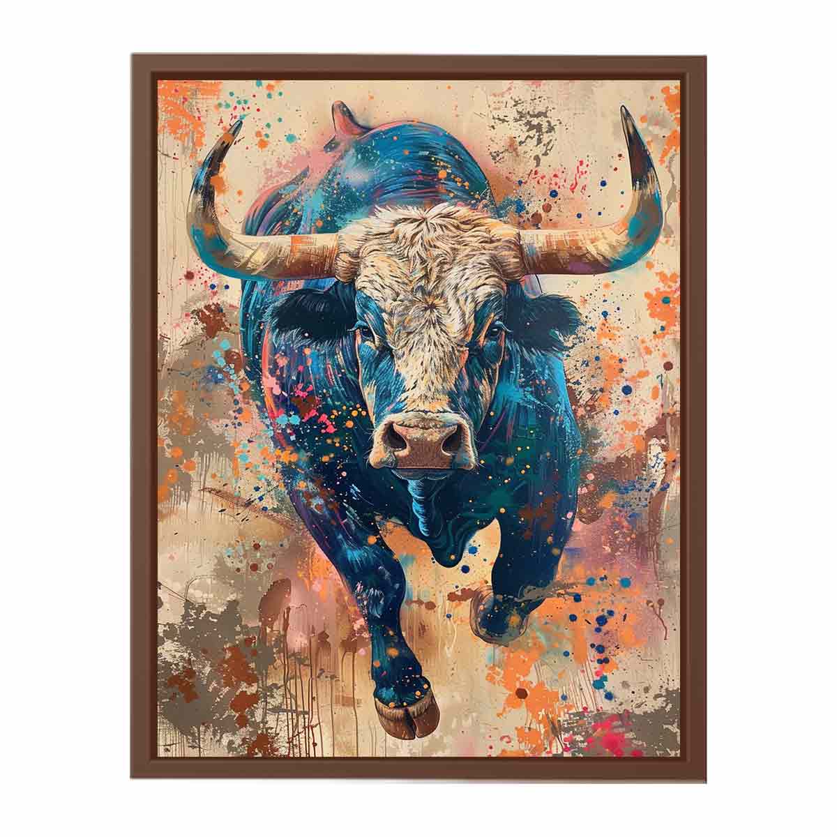 Colorful charging bull portrait with expressive paint splashes for modern offices decor.