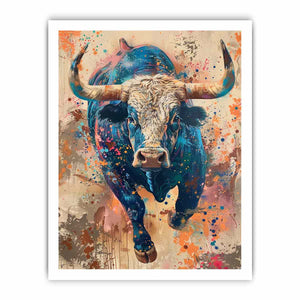 Colorful charging bull portrait with expressive paint splashes for modern offices decor.